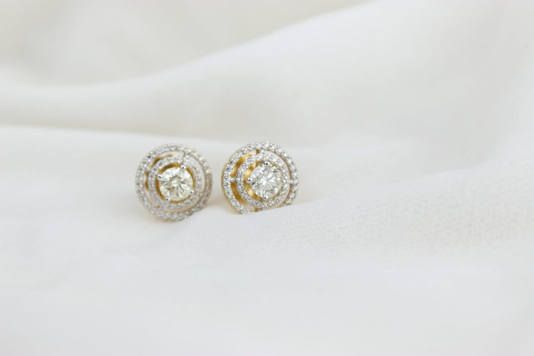 Concentric Design Stud Solitaire Earrings, Natural Diamonds, 14k Solid Gold, Gift for her, Bridal Earrings