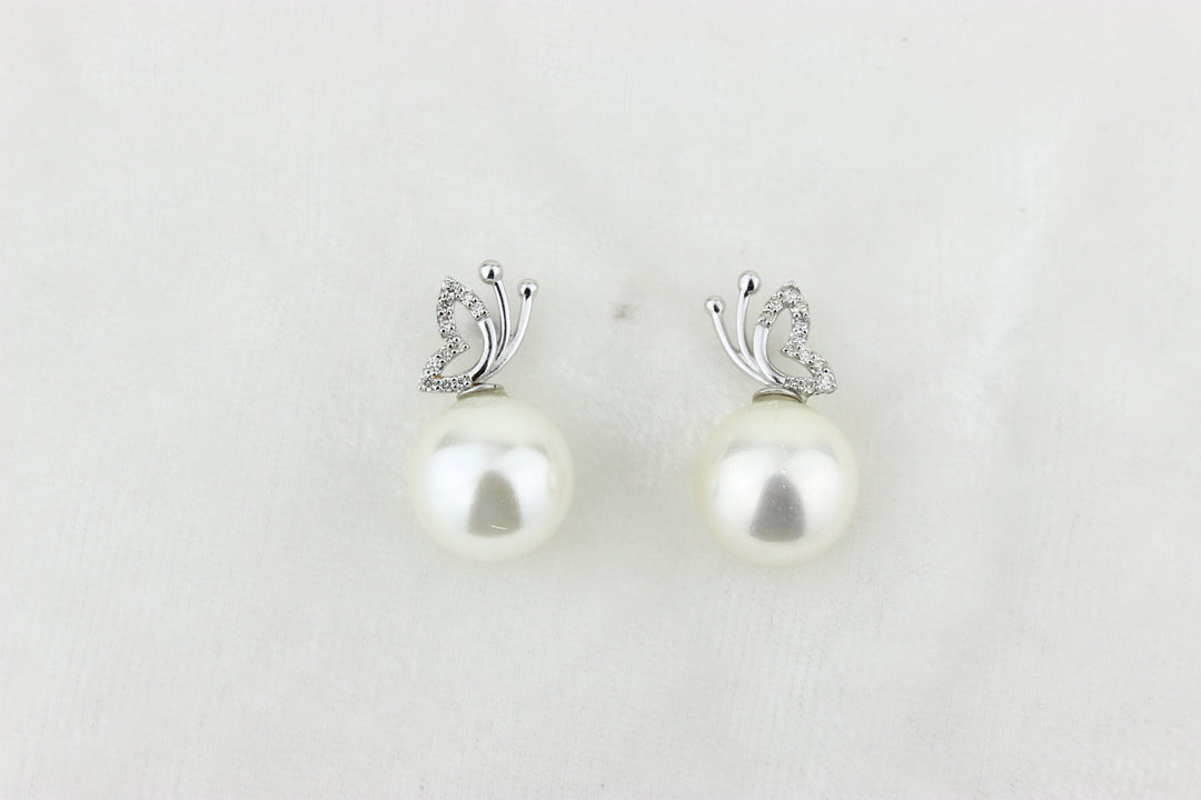 Butterfly Design Pearl Stud Earrings, Natural Diamonds, Gemstone Earrings, 14k Solid Gold, Gift for her, Elegant Design