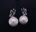 Load image into Gallery viewer, Butterfly Design Pearl Stud Earrings, Natural Diamonds, Gemstone Earrings, 14k Solid Gold, Gift for her, Elegant Design

