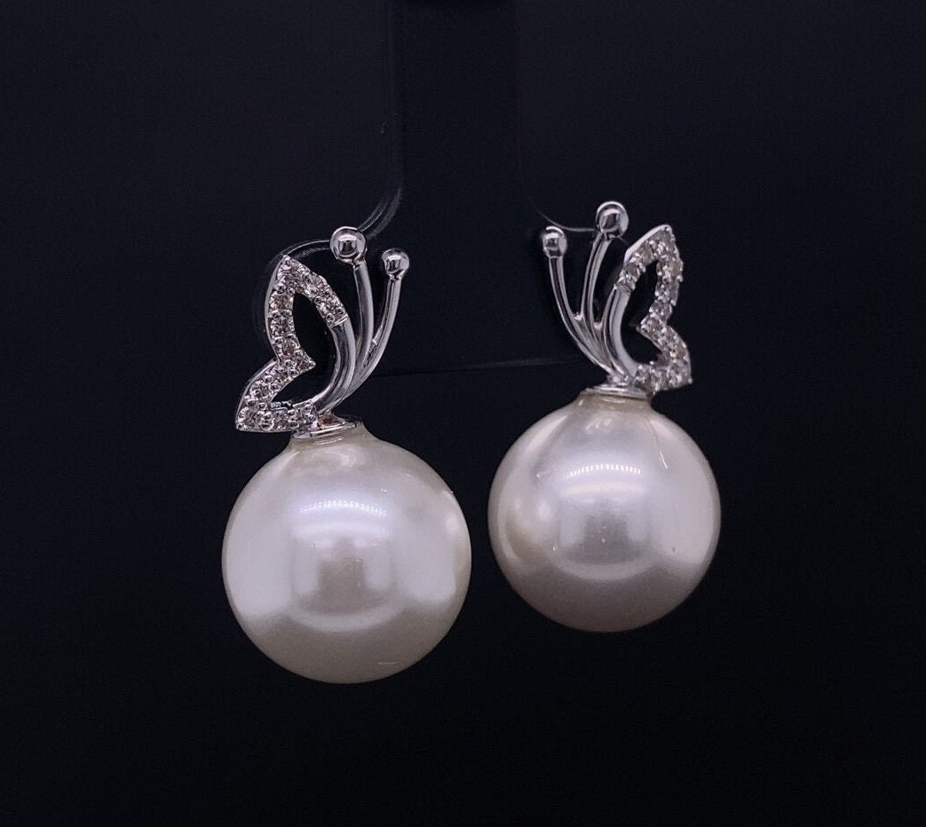 Butterfly Design Pearl Stud Earrings, Natural Diamonds, Gemstone Earrings, 14k Solid Gold, Gift for her, Elegant Design