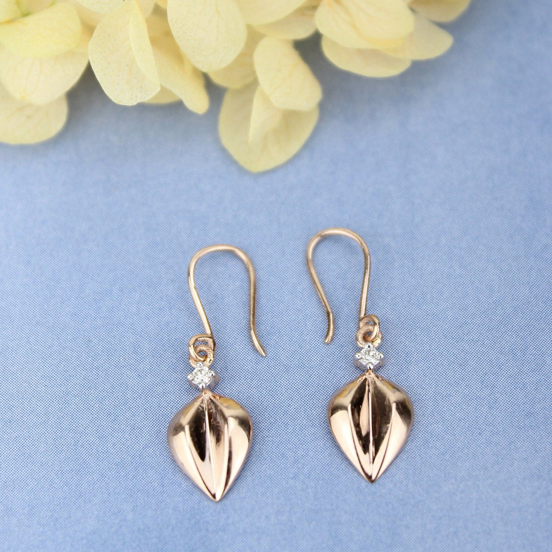 Leaves Small Diamond Earrings, Dangle Diamond Earrings, 14k Solid Gold, Natural Diamond, Minimalist Dangle Lever Back Earrings, Gift for her