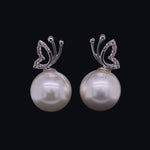 Load image into Gallery viewer, Butterfly Design Pearl Stud Earrings, Natural Diamonds, Gemstone Earrings, 14k Solid Gold, Gift for her, Elegant Design
