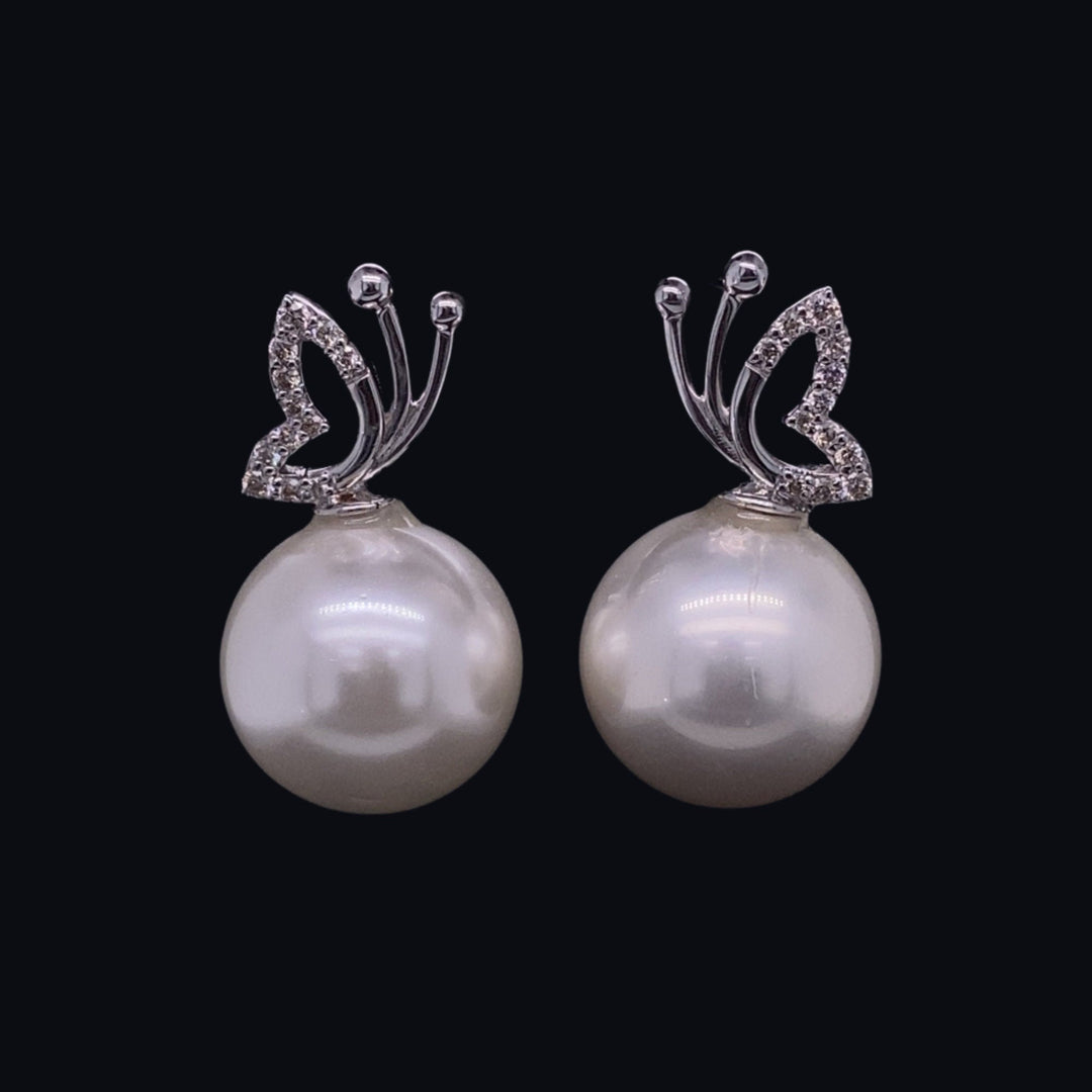Butterfly Design Pearl Stud Earrings, Natural Diamonds, Gemstone Earrings, 14k Solid Gold, Gift for her, Elegant Design