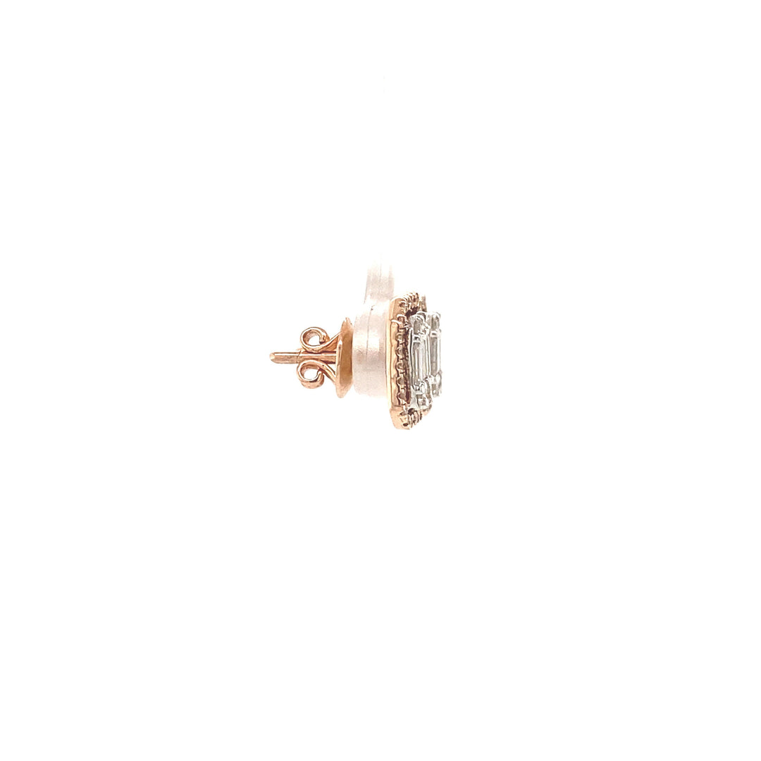 Diamond Halo Earrings with Illusion Setting in 14k Solid Gold, Baguette & Round Natural Diamonds, Gift for her