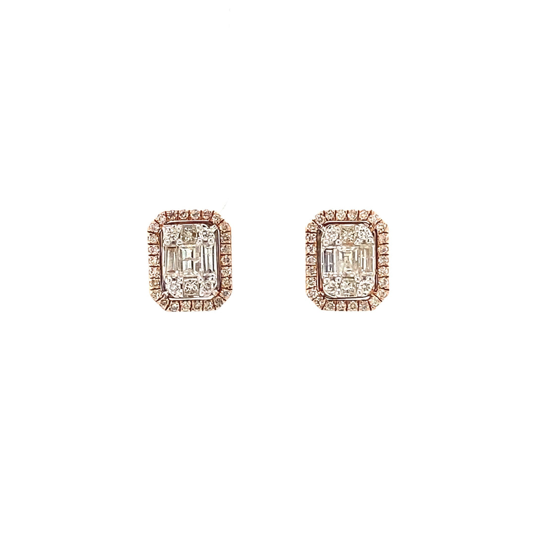 Diamond Halo Earrings with Illusion Setting in 14k Solid Gold, Baguette & Round Natural Diamonds, Gift for her
