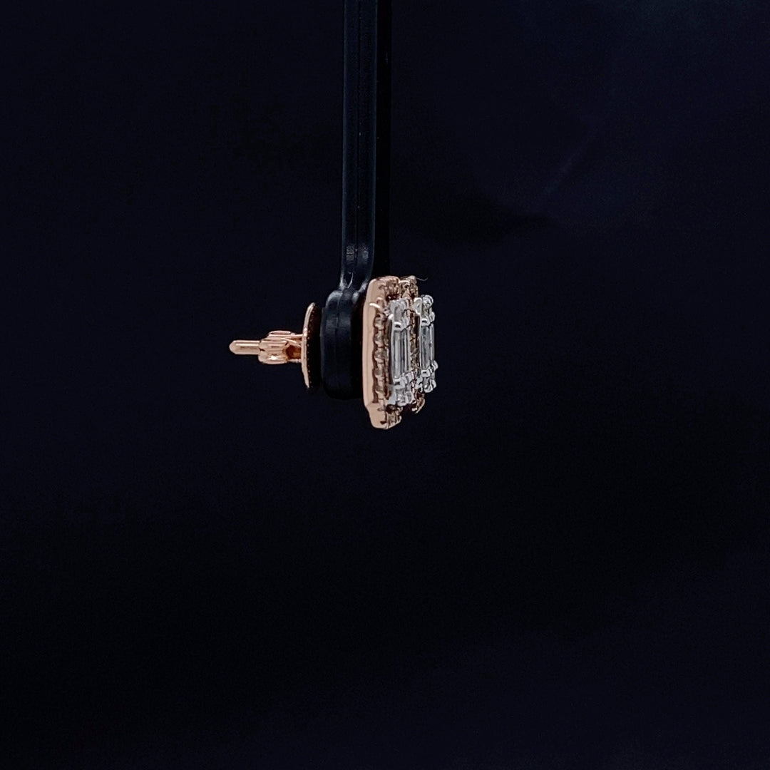 Diamond Halo Earrings with Illusion Setting in 14k Solid Gold, Baguette & Round Natural Diamonds, Gift for her
