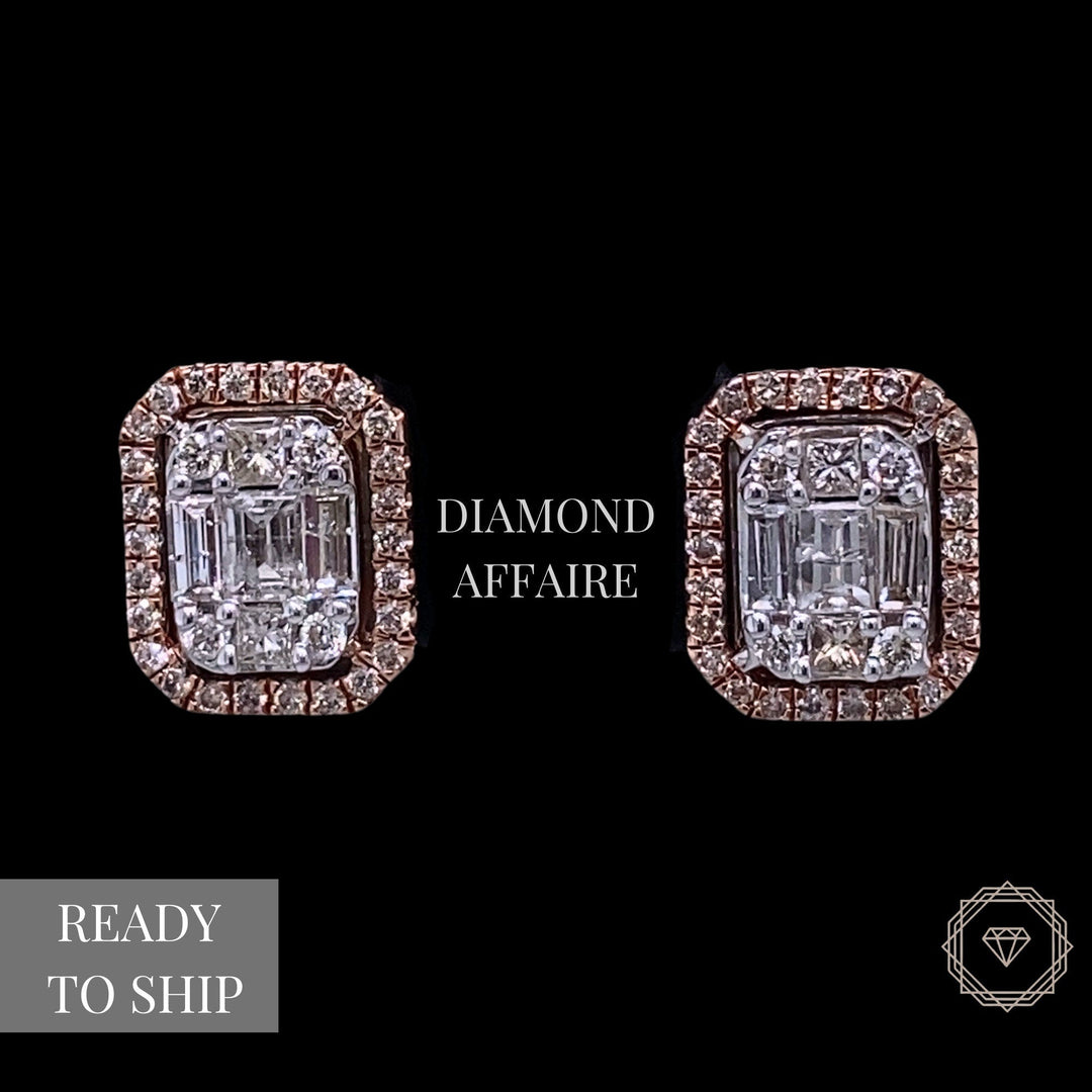Diamond Halo Earrings with Illusion Setting in 14k Solid Gold, Baguette & Round Natural Diamonds, Gift for her