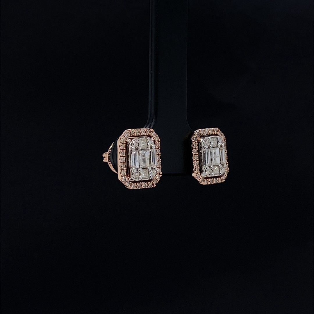 Diamond Halo Earrings with Illusion Setting in 14k Solid Gold, Baguette & Round Natural Diamonds, Gift for her