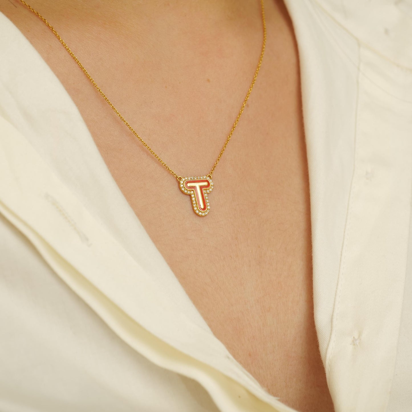 Enamel Initial Halo Diamond Necklace