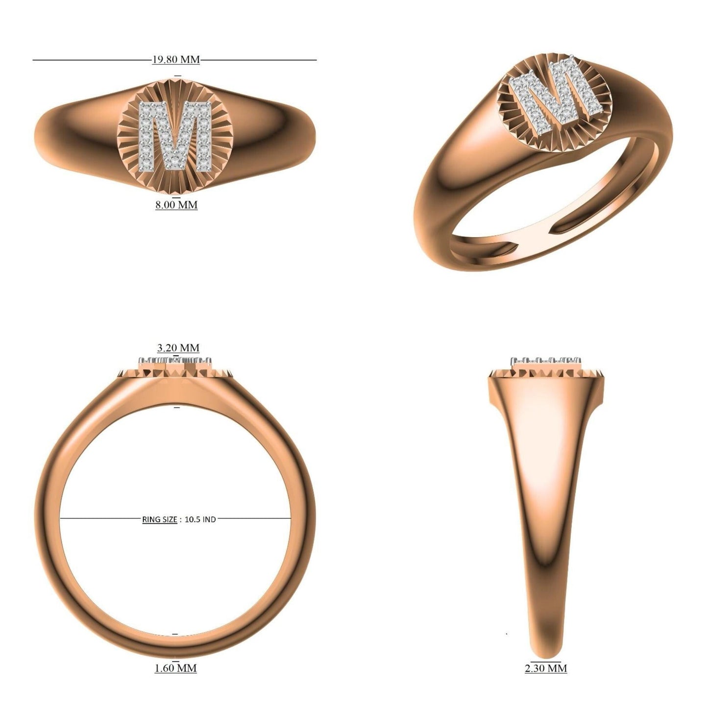 Textured Oval Initial Diamond Signet Ring
