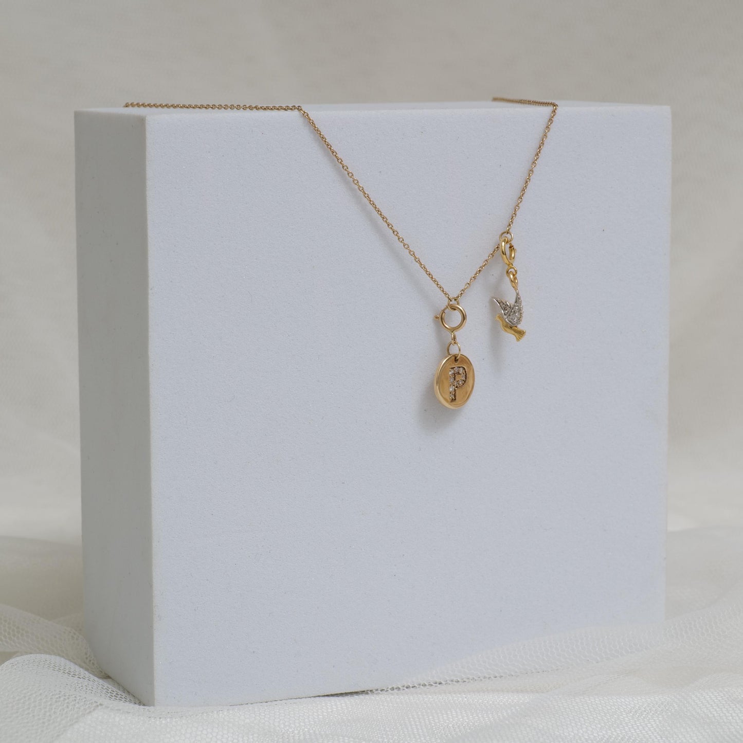 Diamond Initial Medallion & Dove Charm Necklace