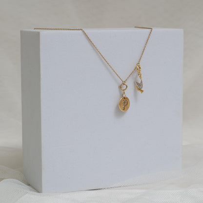 Diamond Initial Medallion & Dove Charm Necklace