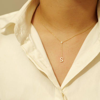 Bezel Diamond Initial Drop Lariat Necklace