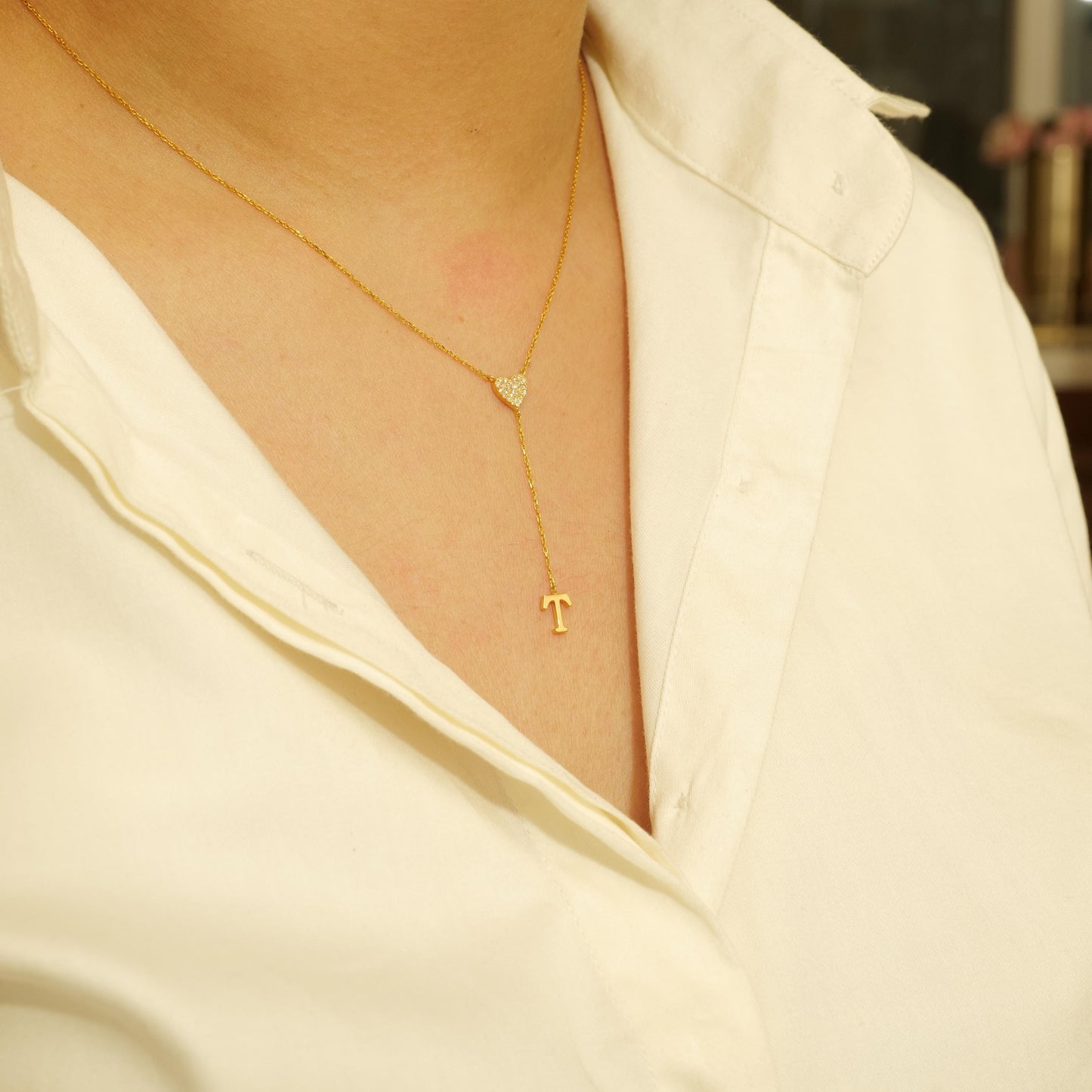 Heart Diamond Initial Lariat Necklace