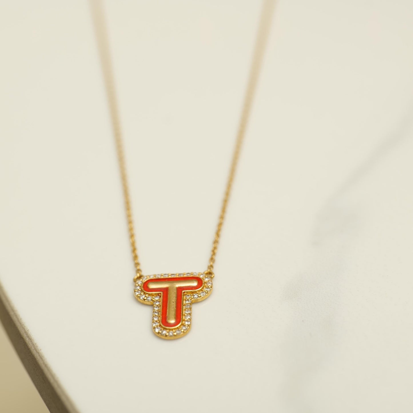 Enamel Initial Halo Diamond Necklace