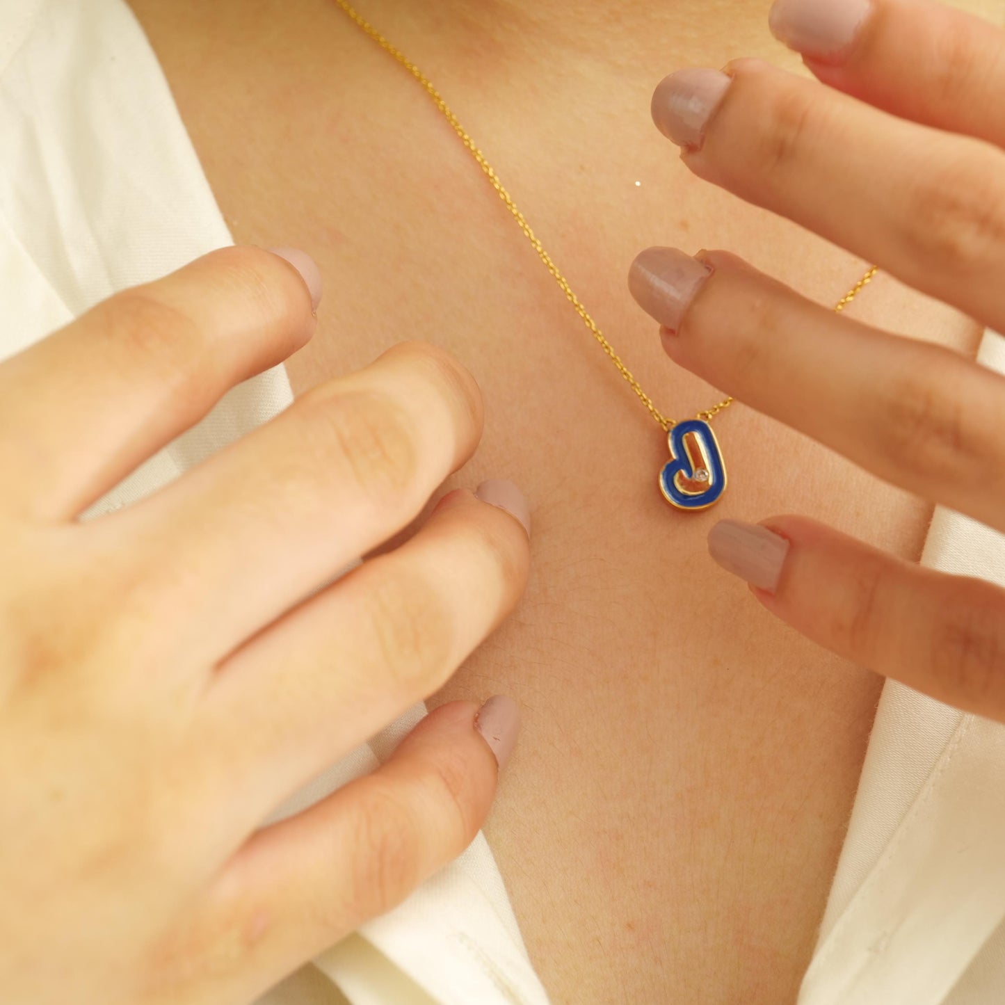 Blue Enamel Initial Diamond Necklace