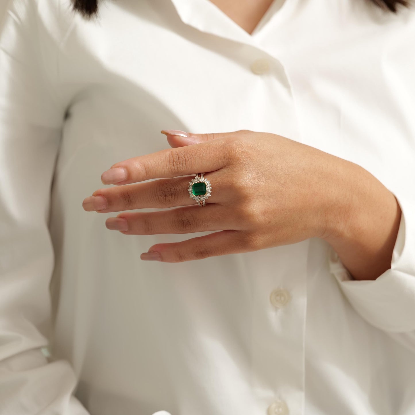 Emerald Diamond Halo Ring