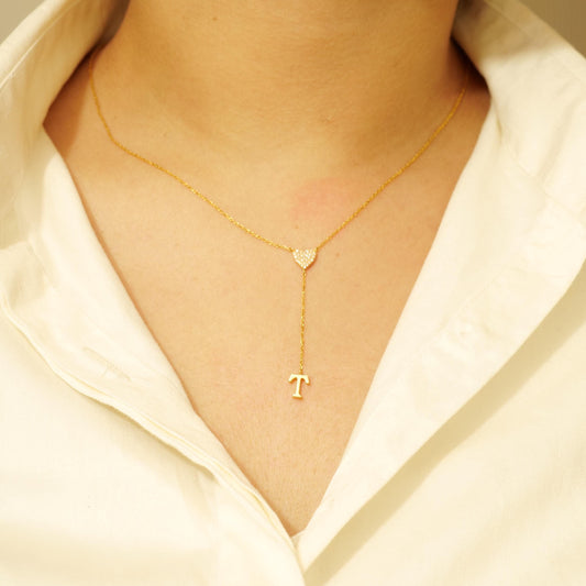 Heart Diamond Initial Lariat Necklace