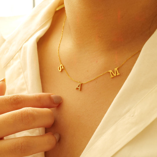 Mixed Finish Triple Initial Diamond Necklace