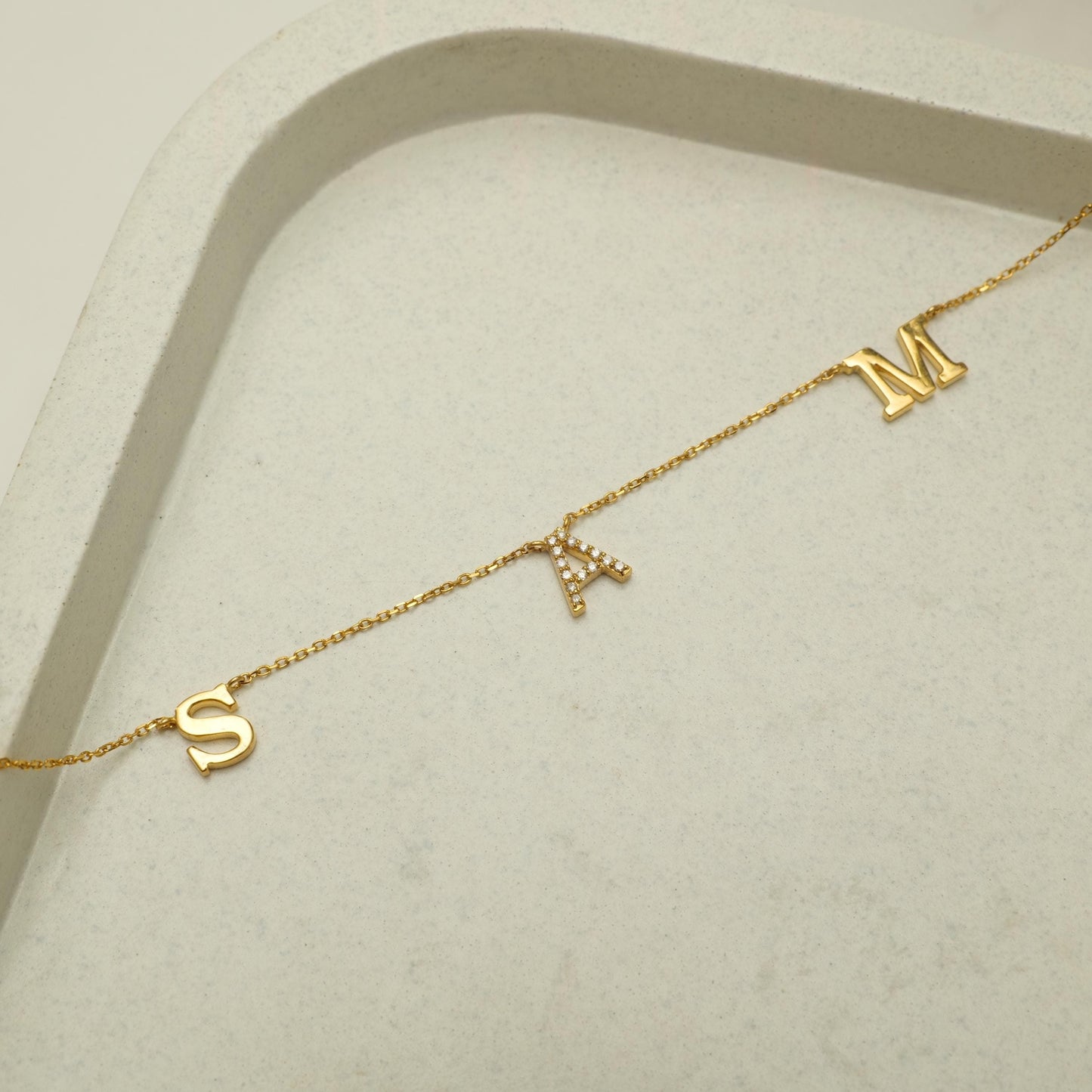 Mixed Finish Triple Initial Diamond Necklace