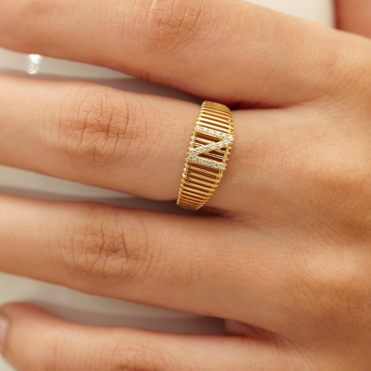 Ribbed Band Initial Diamond Ring