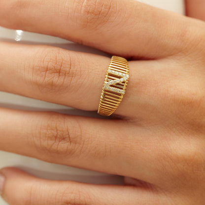 Ribbed Band Initial Diamond Ring
