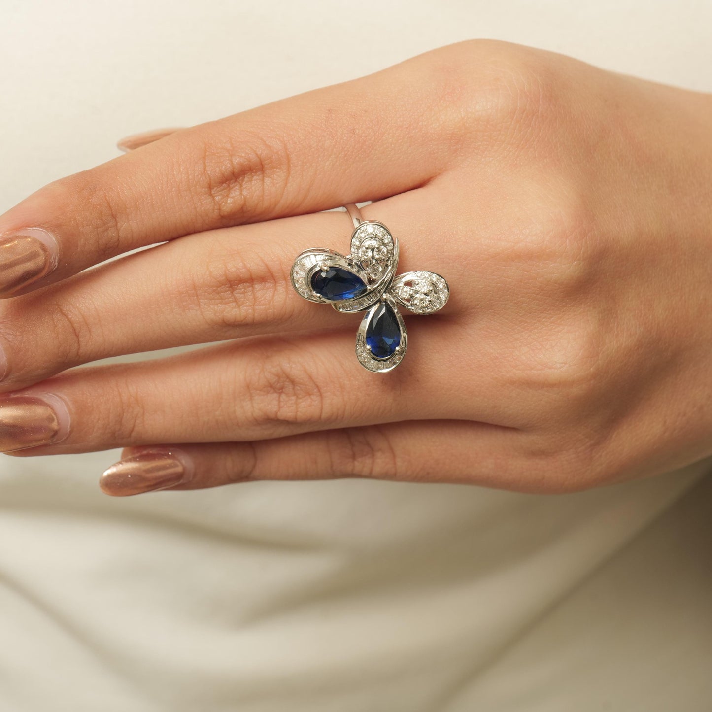 Blue Sapphire Butterfly Diamond Ring