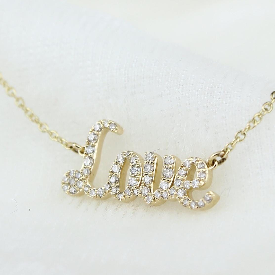 Love Natural Diamond Script Word Necklace