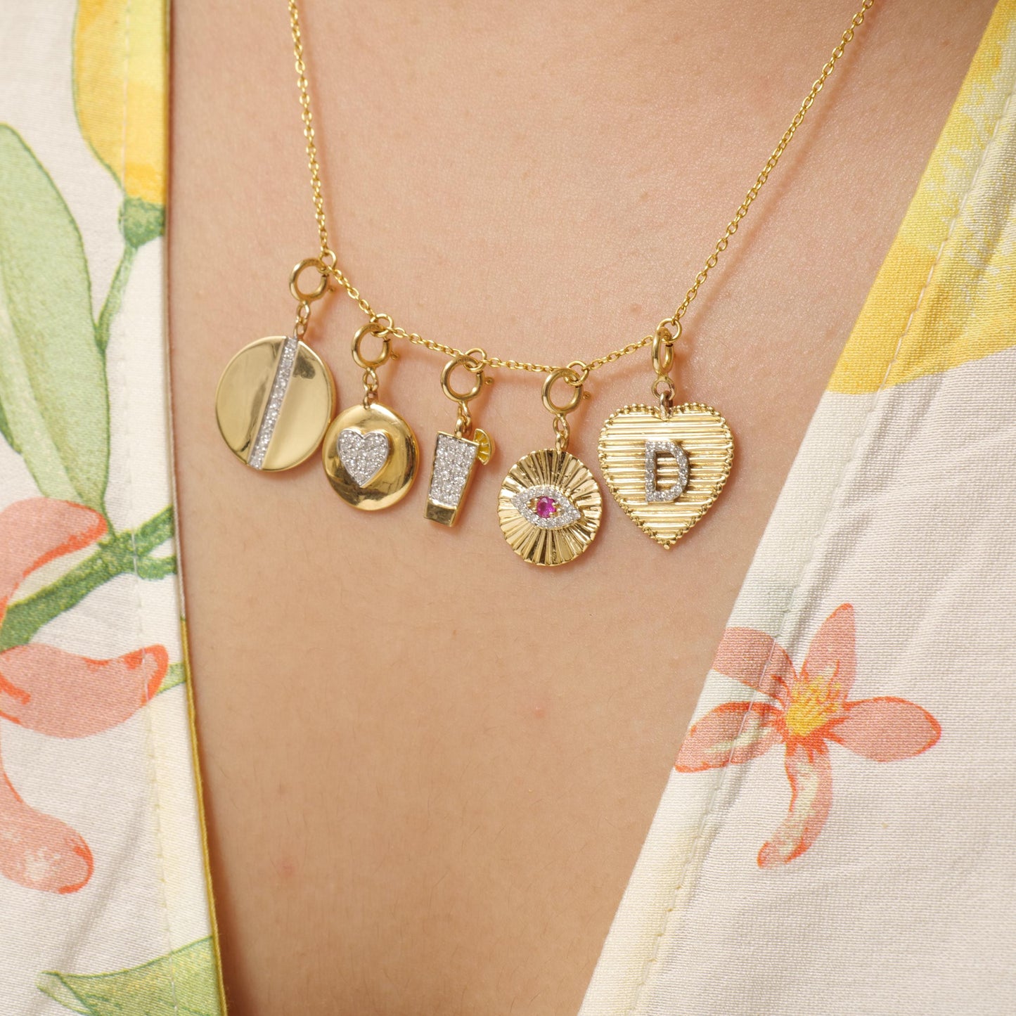 Ribbed Heart Initial Diamond Charm