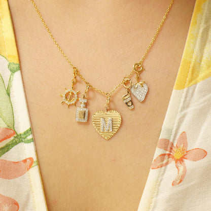 Ribbed Heart Initial Diamond Charm
