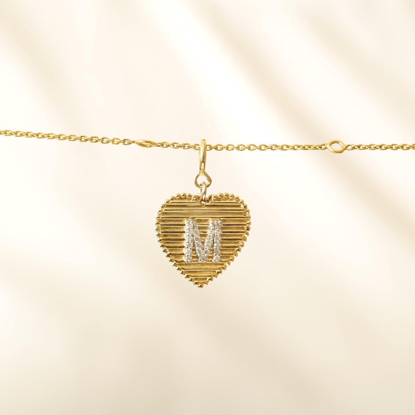 Ribbed Heart Initial Diamond Charm
