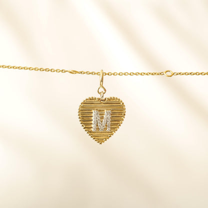 Ribbed Heart Initial Diamond Charm