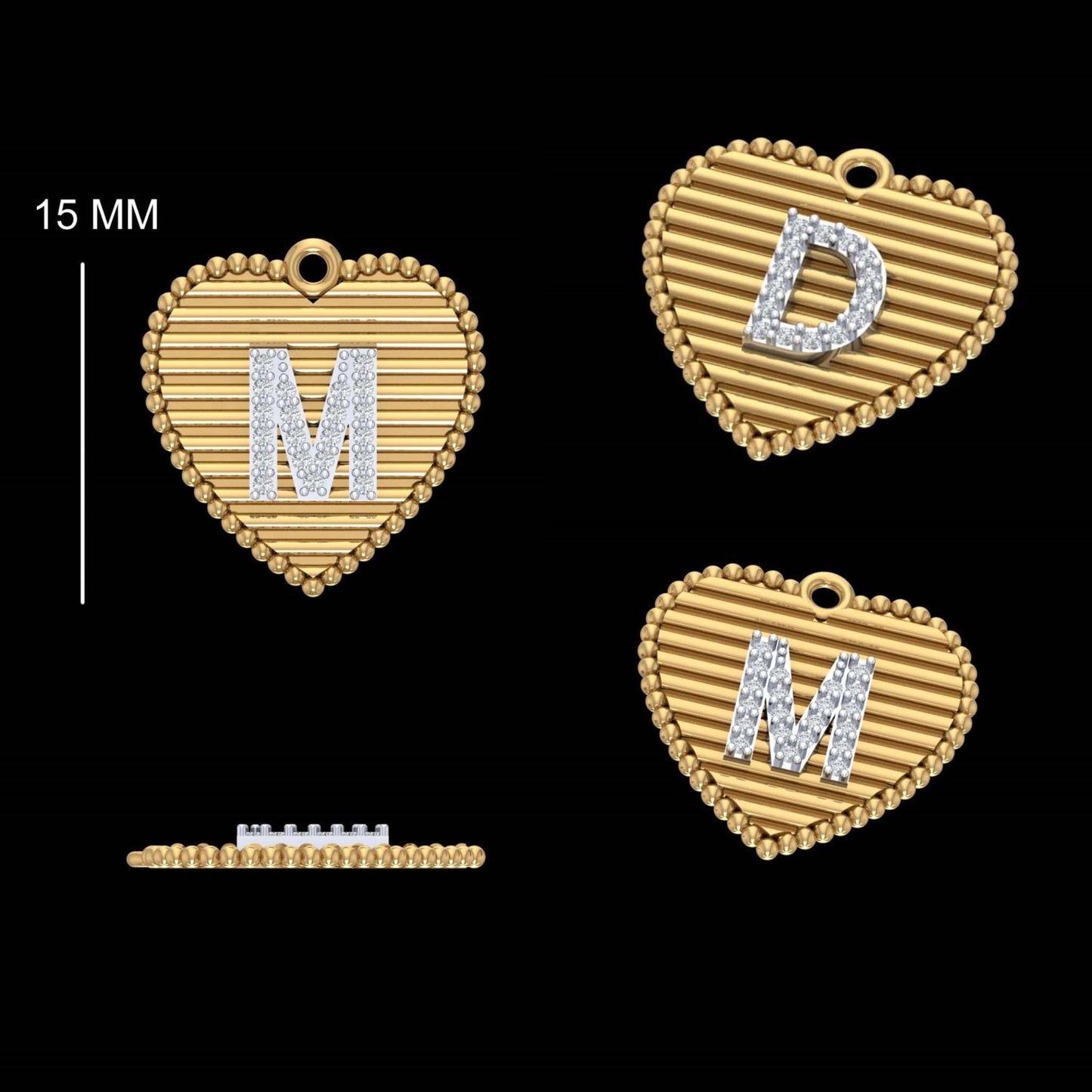 Ribbed Heart Initial Diamond Charm