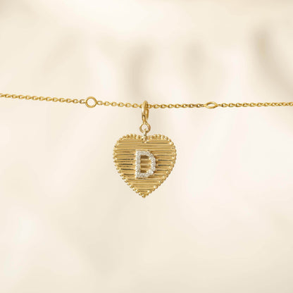 Ribbed Heart Initial Diamond Charm