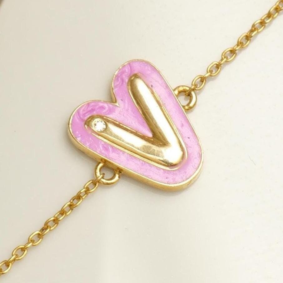 Pink Enamel V Initial Diamond Bracelet