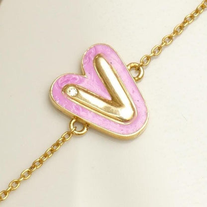 Pink Enamel V Initial Diamond Bracelet