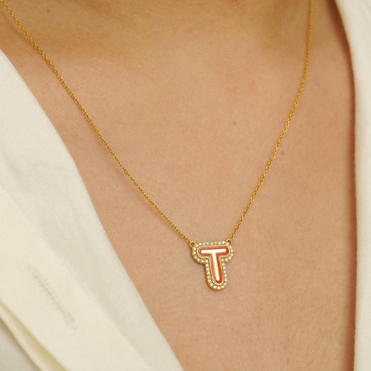 Enamel Initial Halo Diamond Necklace