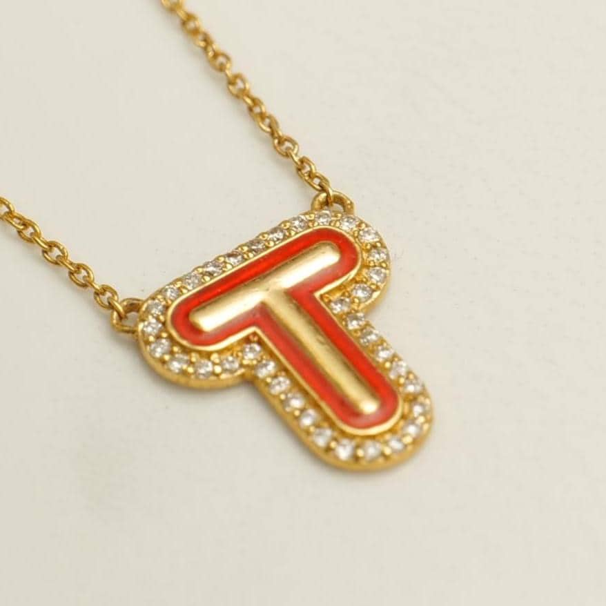 Enamel Initial Halo Diamond Necklace
