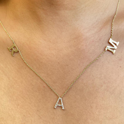 Mixed Finish Triple Initial Diamond Necklace