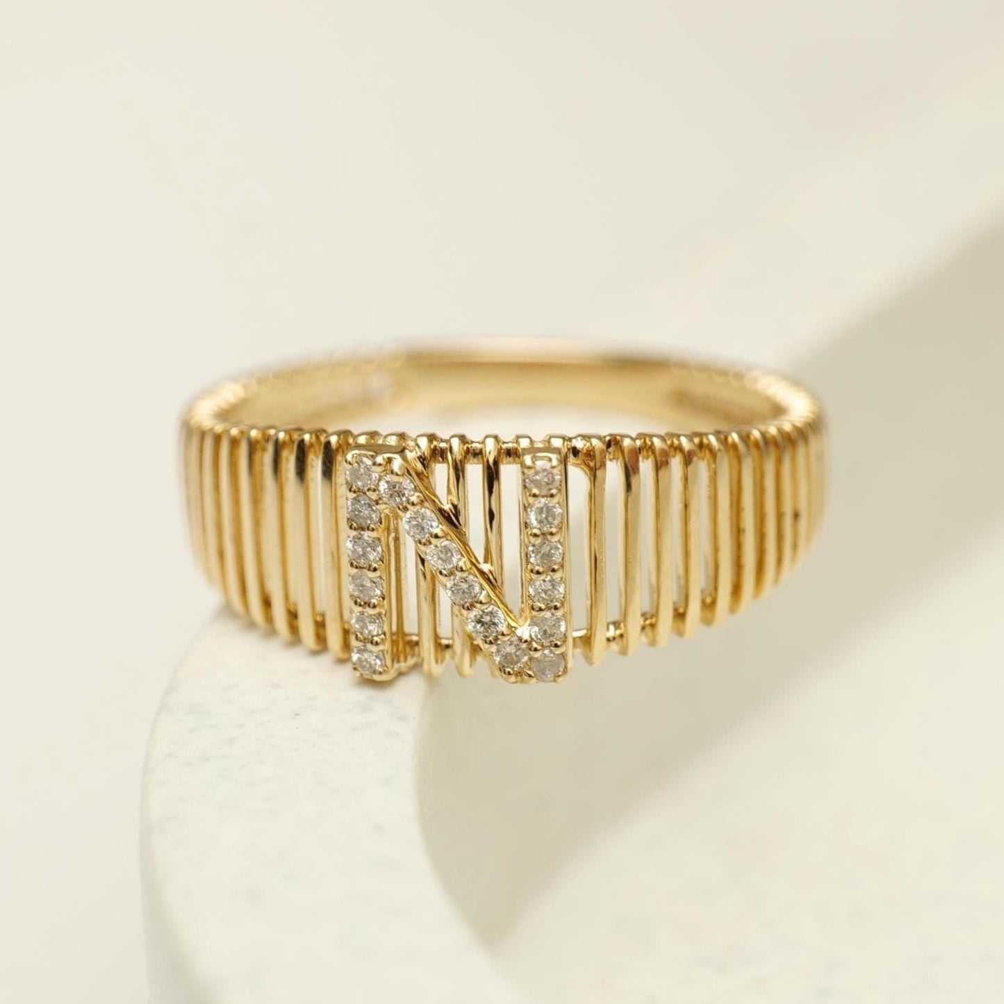 Ribbed Band Initial Diamond Ring