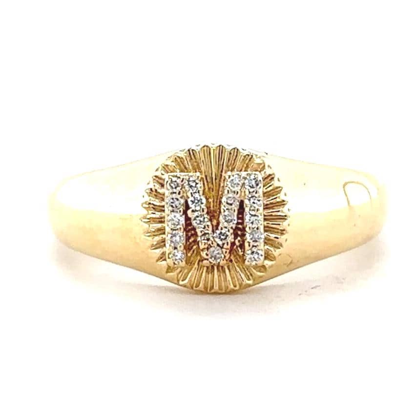 Textured Oval Initial Diamond Signet Ring