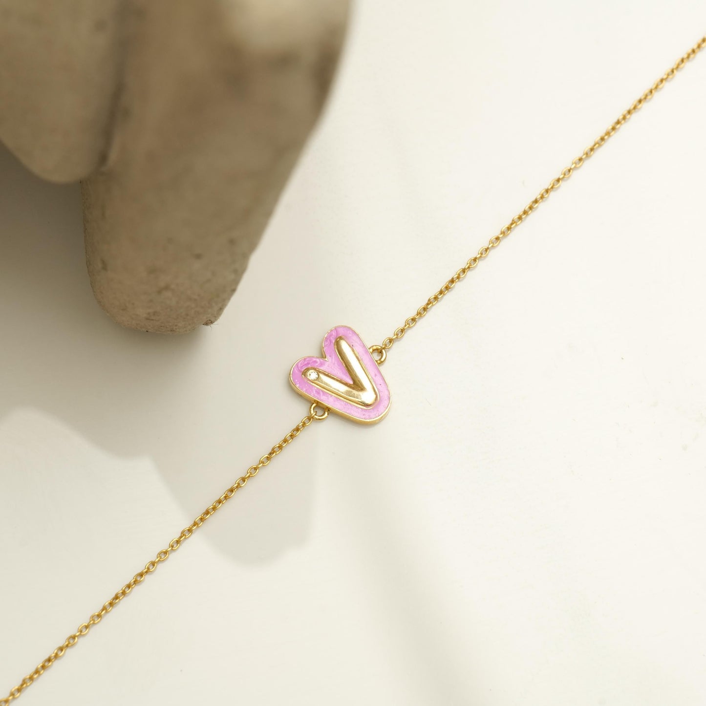 Pink Enamel V Initial Diamond Bracelet