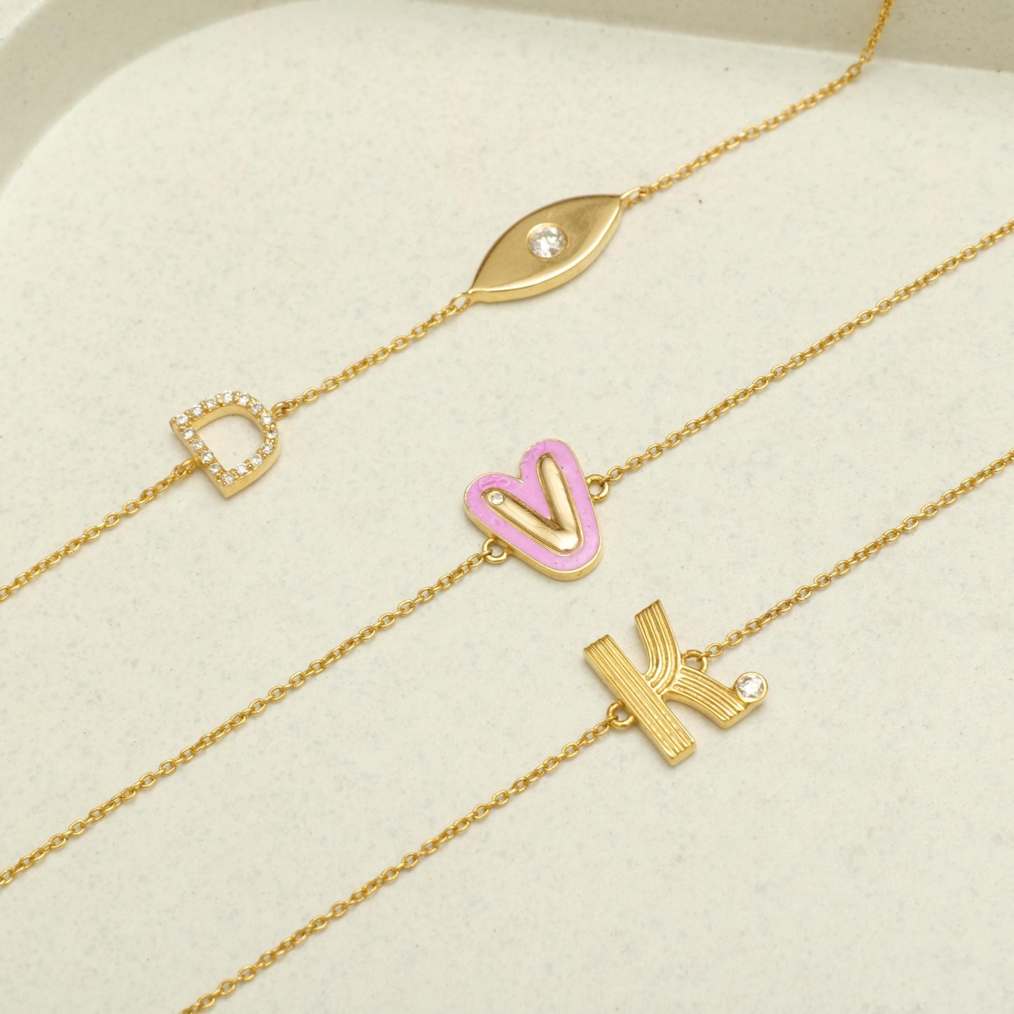 Pink Enamel V Initial Diamond Bracelet