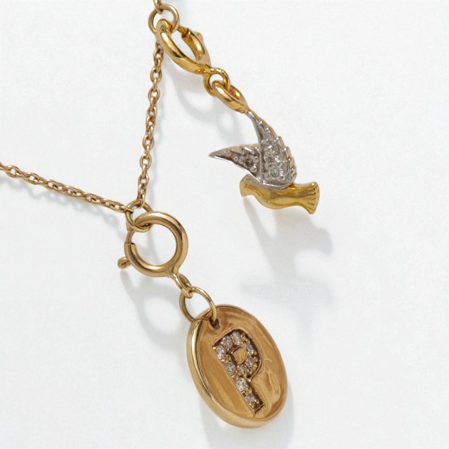 Diamond Initial Medallion & Dove Charm Necklace