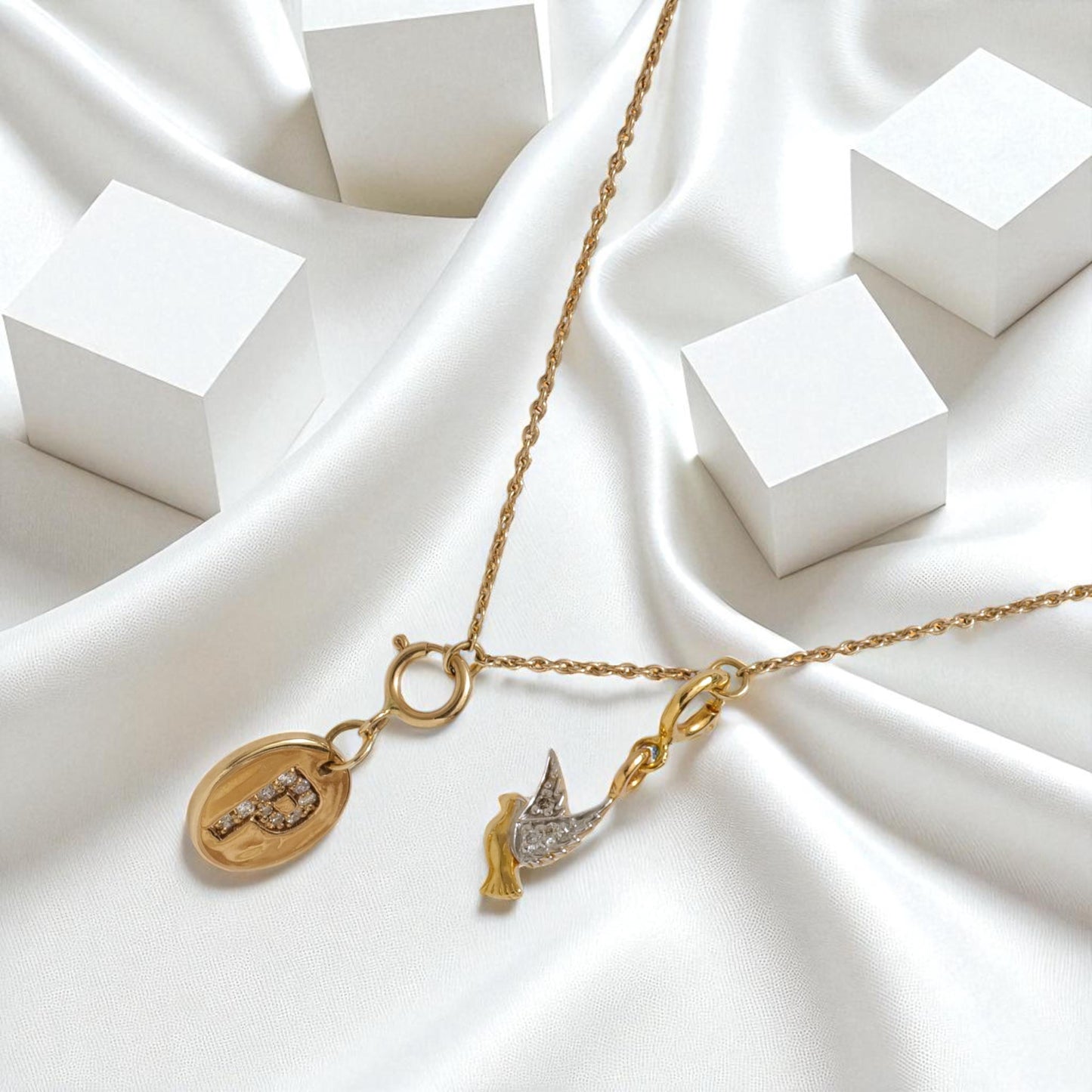Diamond Initial Medallion & Dove Charm Necklace