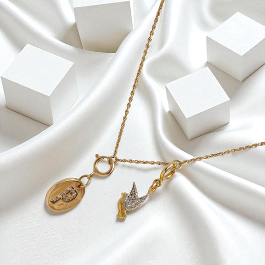 Diamond Initial Medallion & Dove Charm Necklace