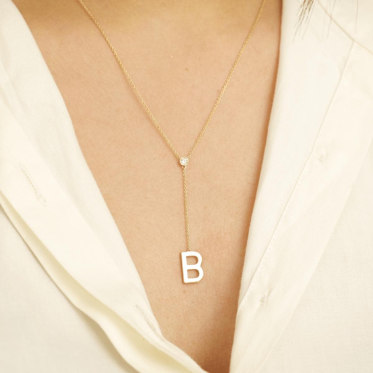 Bezel Diamond Initial Drop Lariat Necklace