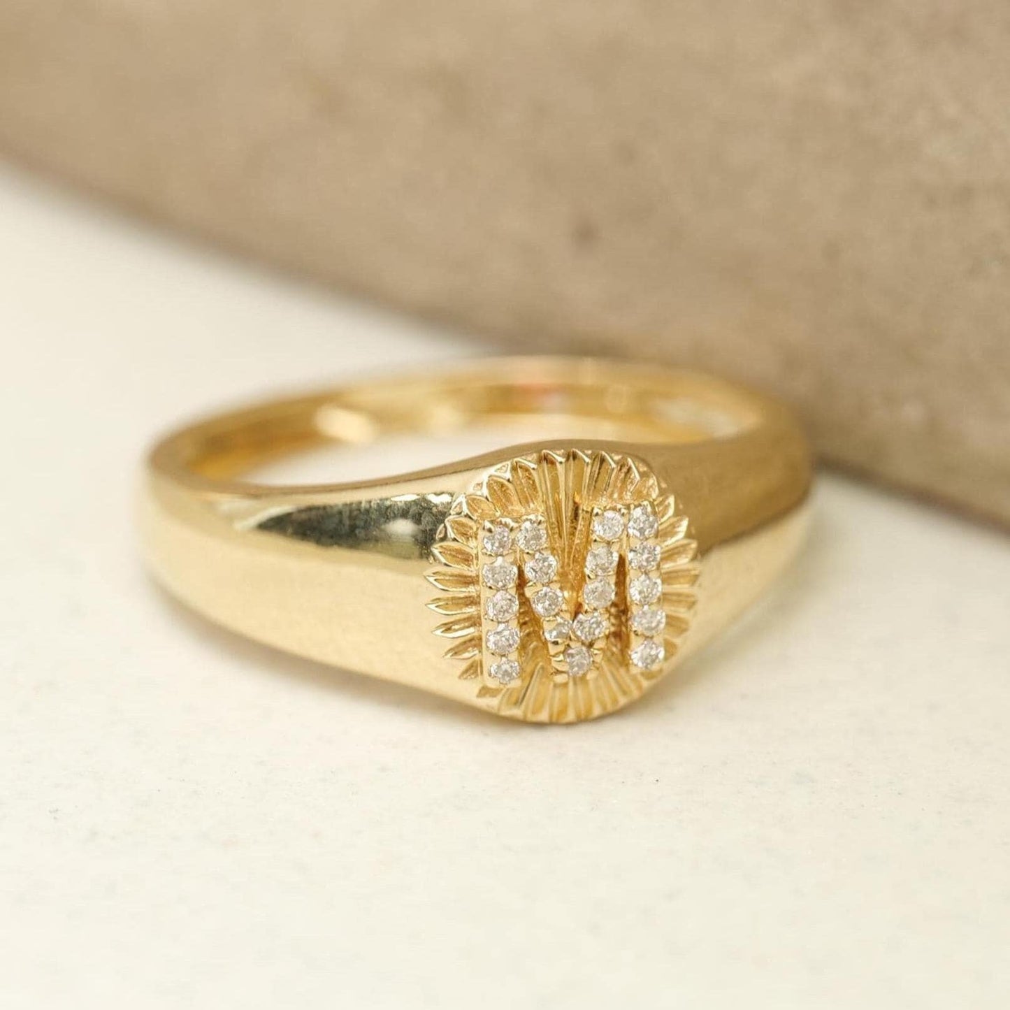 Textured Oval Initial Diamond Signet Ring