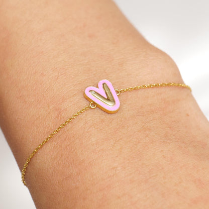 Pink Enamel V Initial Diamond Bracelet
