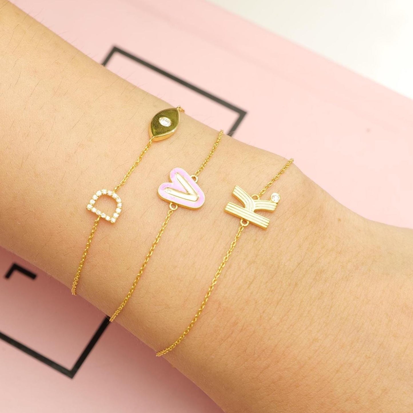 Pink Enamel V Initial Diamond Bracelet
